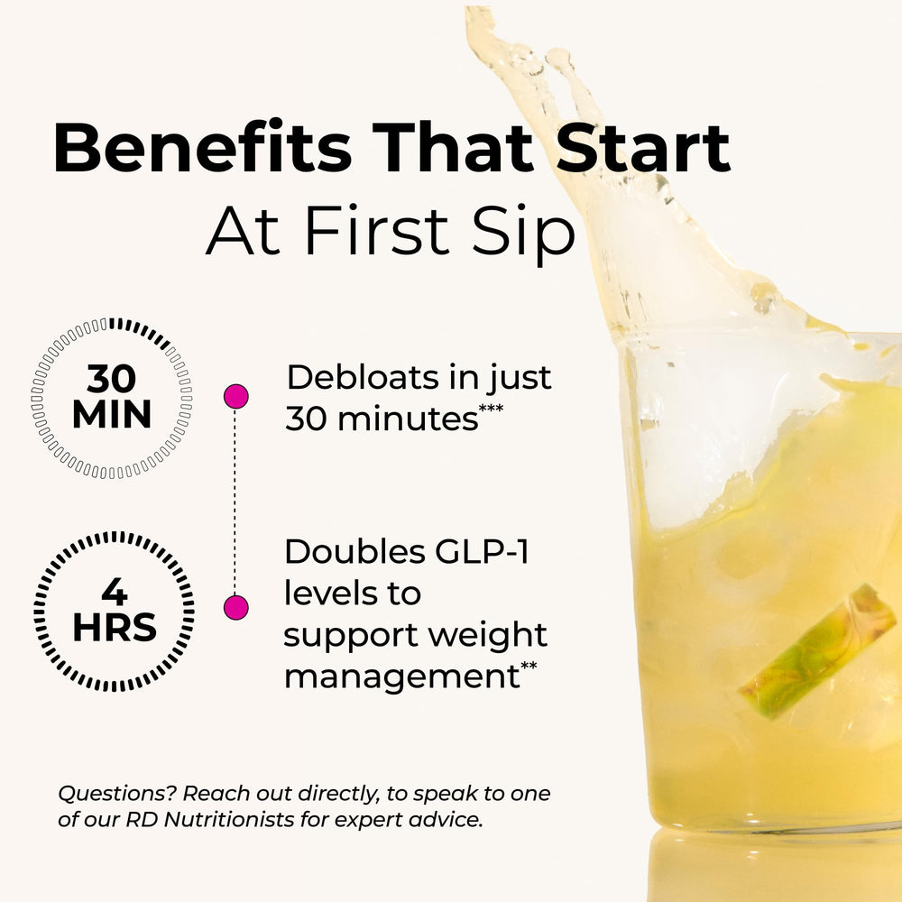 HUM Flatter Me Fiber GLP-1 Booster glass with mixed beverage illustrates easy consumption.