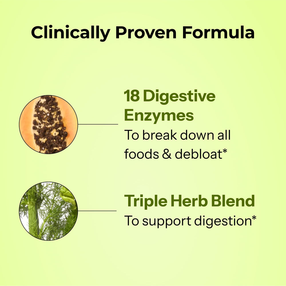 HUM Flatter Me ingredients panel lists 18 digestive enzymes