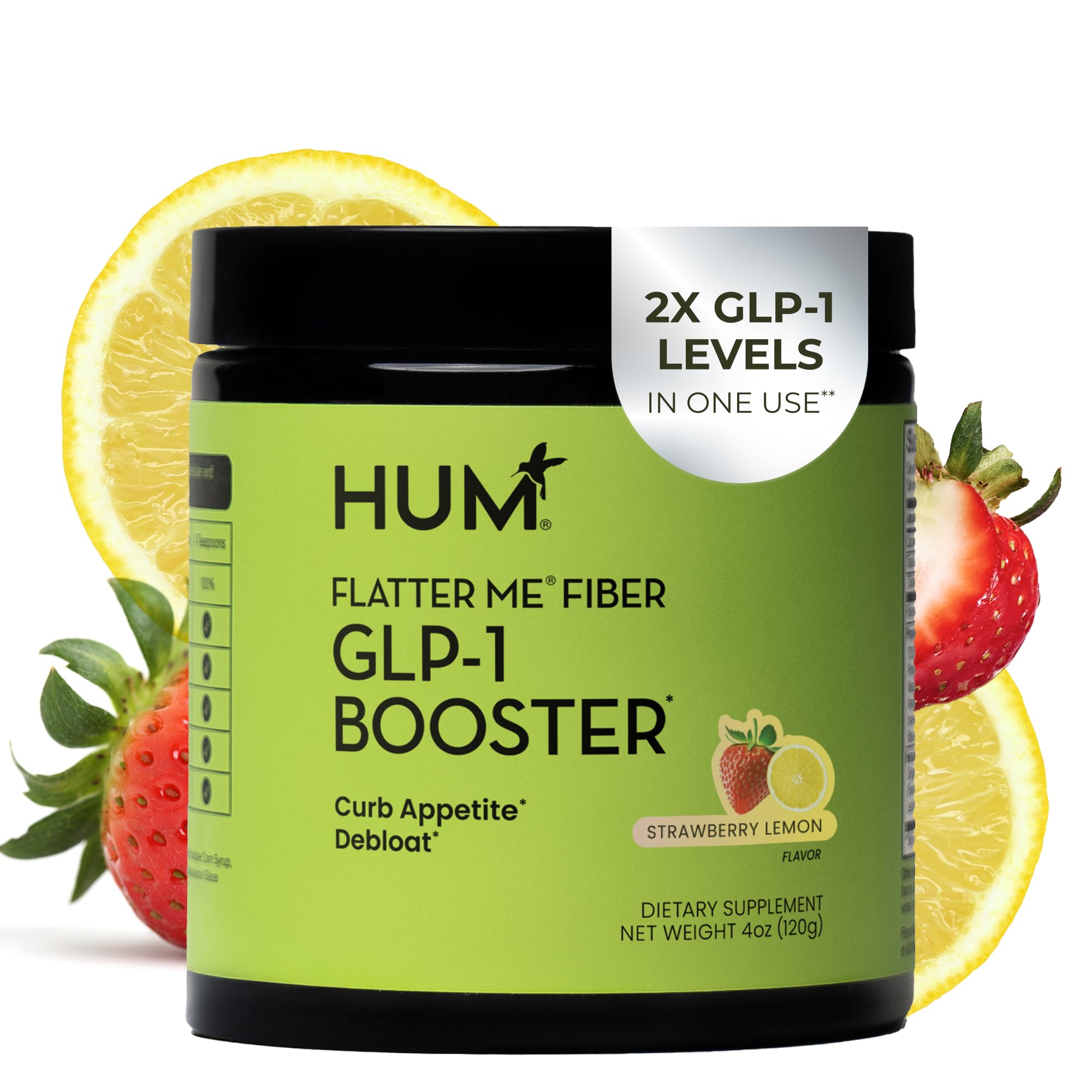 HUM Flatter Me powder tub with strawberry-lemon flavor and satiety focus