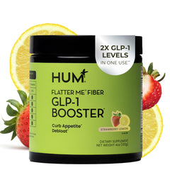 HUM Flatter Me powder tub with strawberry-lemon flavor and satiety focus