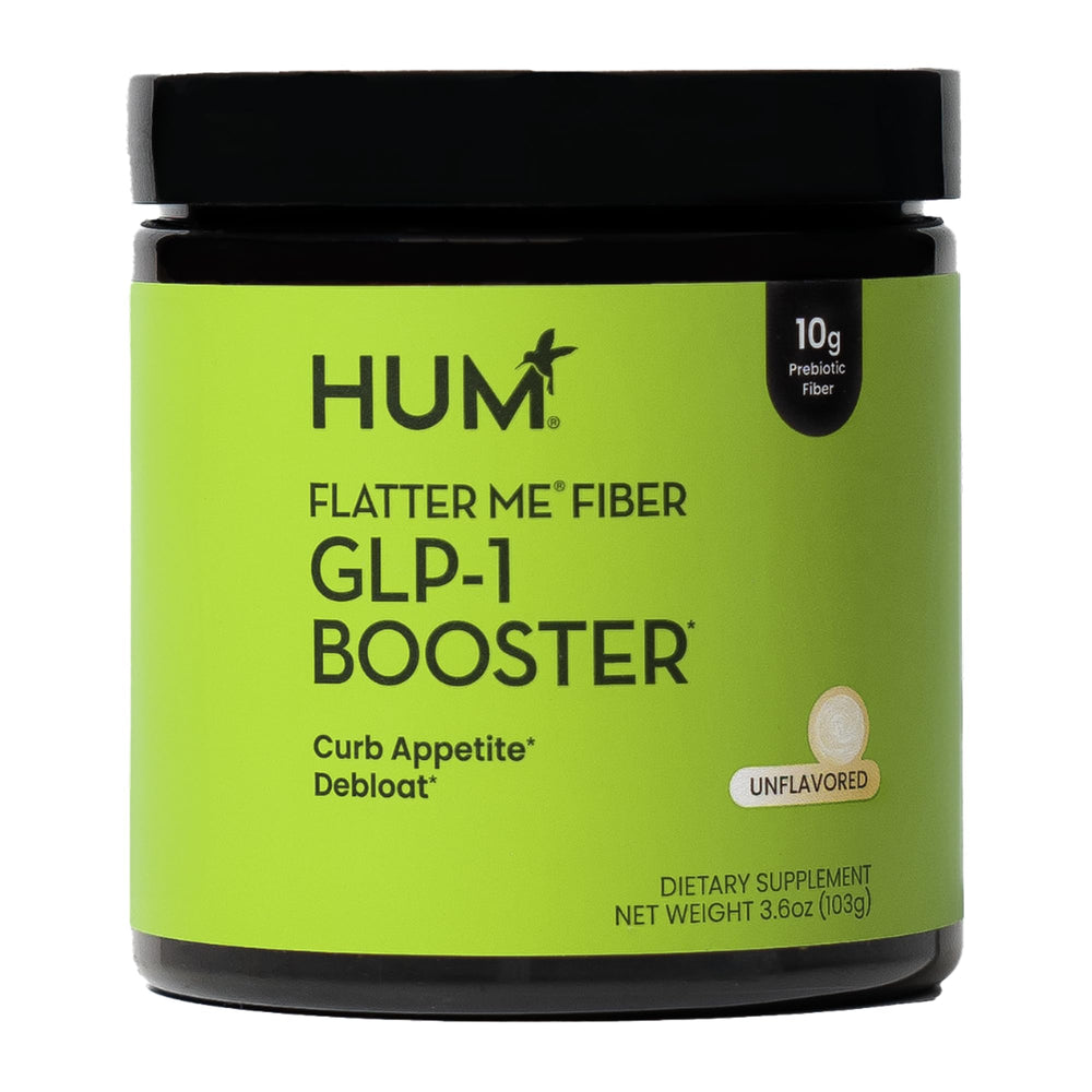 HUM Flatter Me tub front showing unflavored fiber supplement for daily use