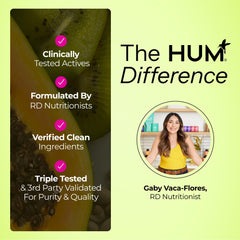 HUM Flatter Me packaging shows vegan and non-GMO symbols.