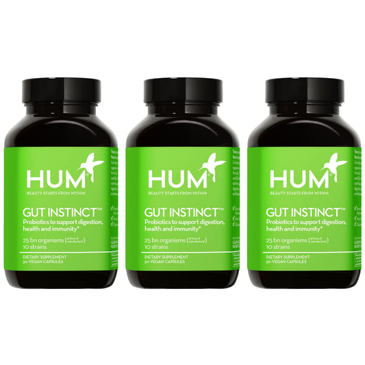 HUM Gut Instinct bottle front showing 90 capsules for daily digestive balance