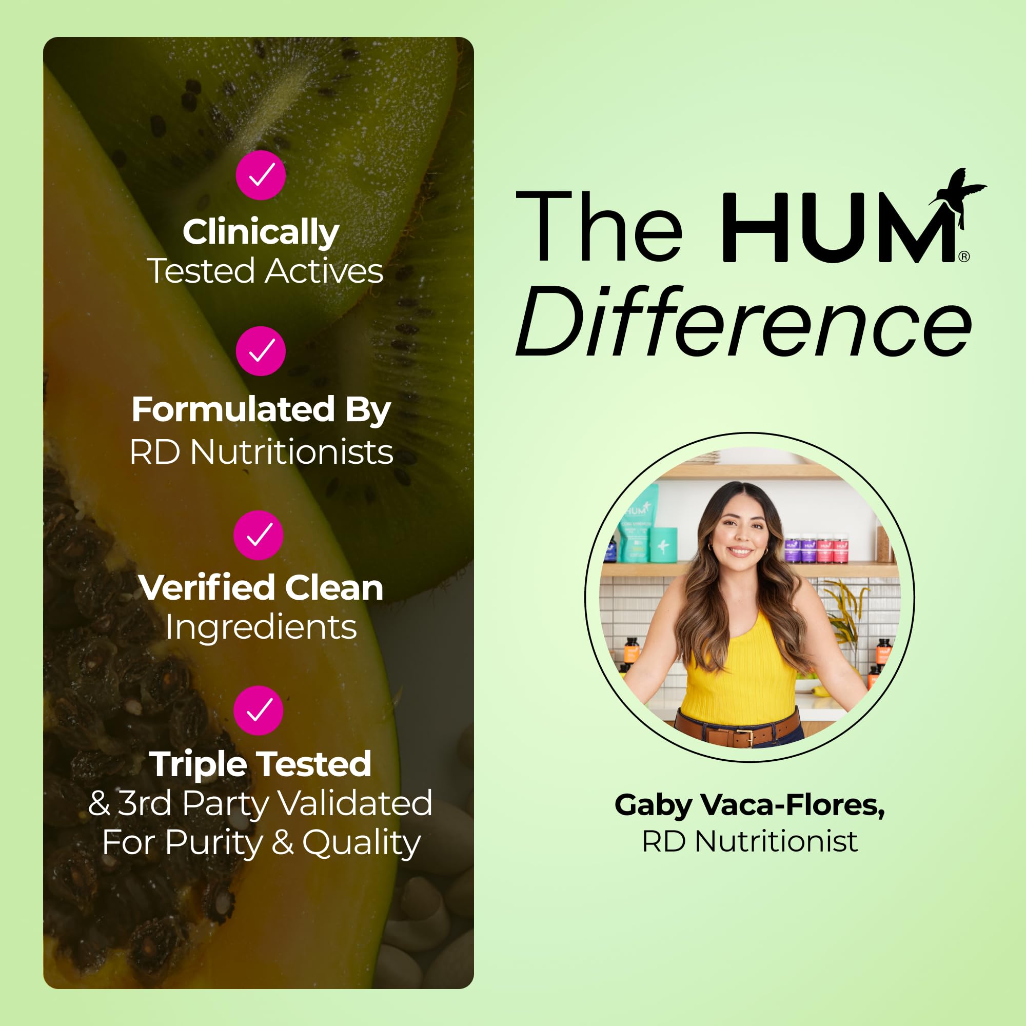 HUM Gut Instinct bottle and label showcasing product safety and purity.