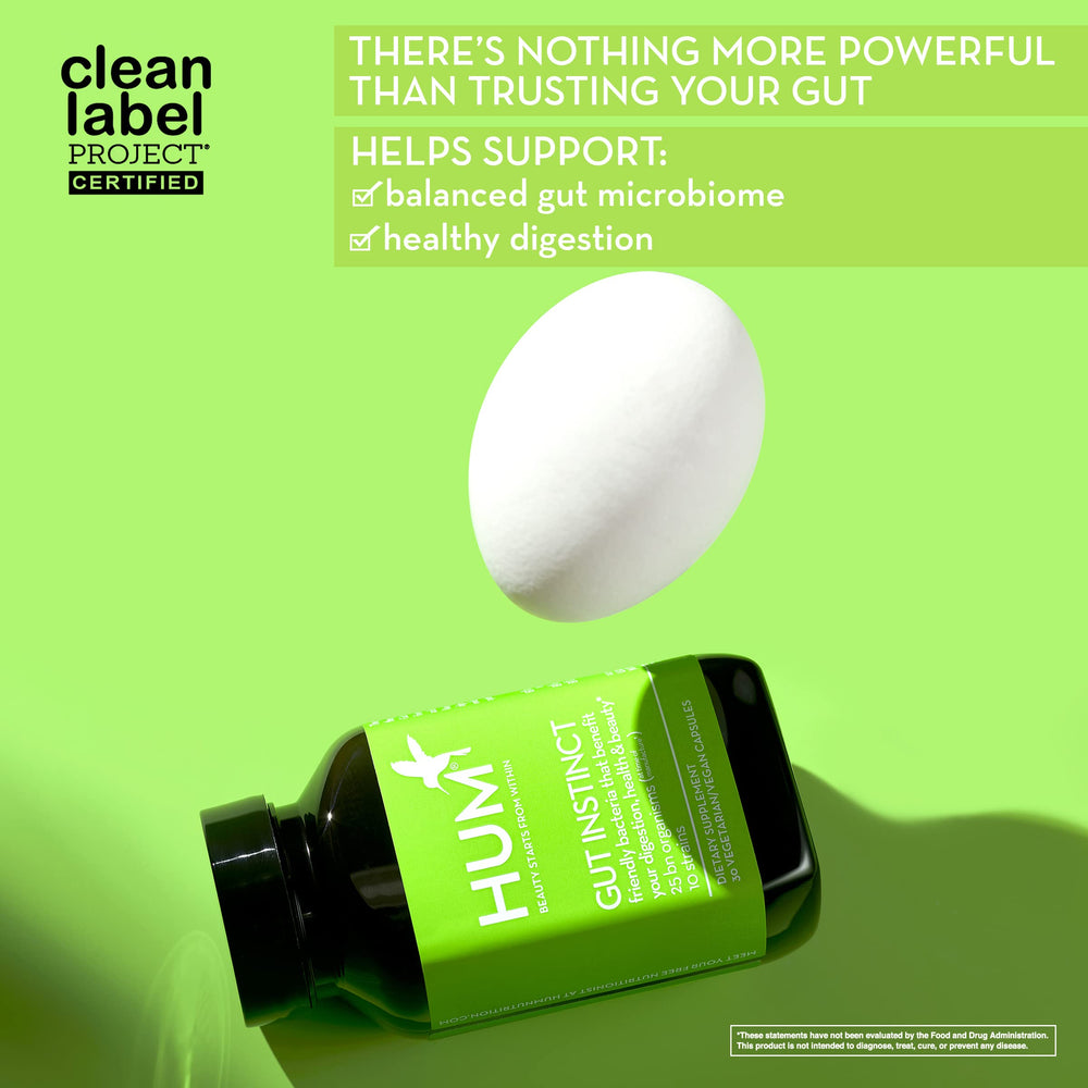 HUM Gut Instinct label closeup highlights vegan, clean-label probiotic formula