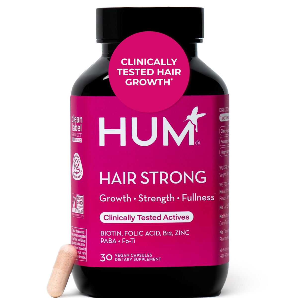 HUM Hair Strong bottle front with vegan capsules for daily hair wellness.