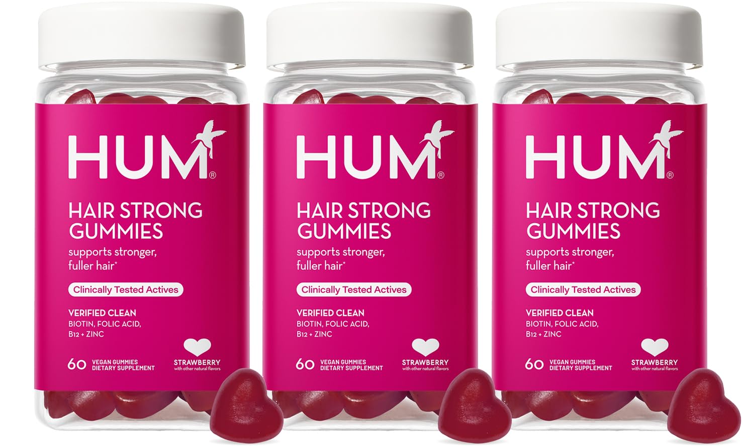 HUM Hair Strong daily gummies bottle for convenient growth support.
