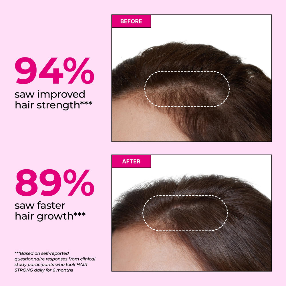 HUM Hair Strong gummy bottle label close-up highlights ingredients for hair health.
