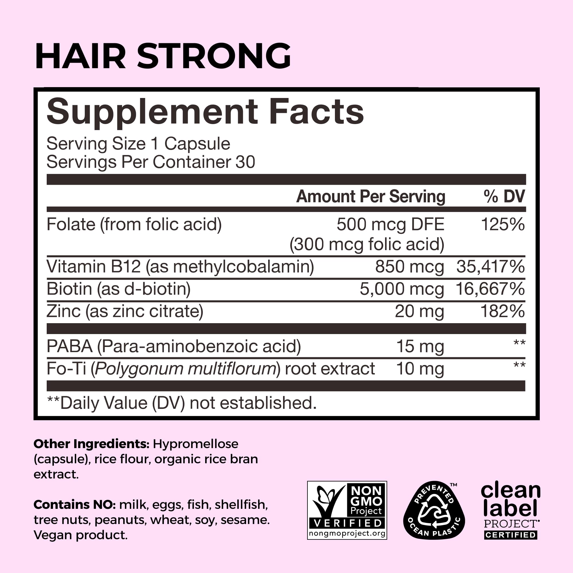 HUM Hair Strong ingredients list features biotin, zinc, and Fo-Ti.