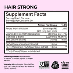 HUM Hair Strong ingredients list features biotin, zinc, and Fo-Ti.