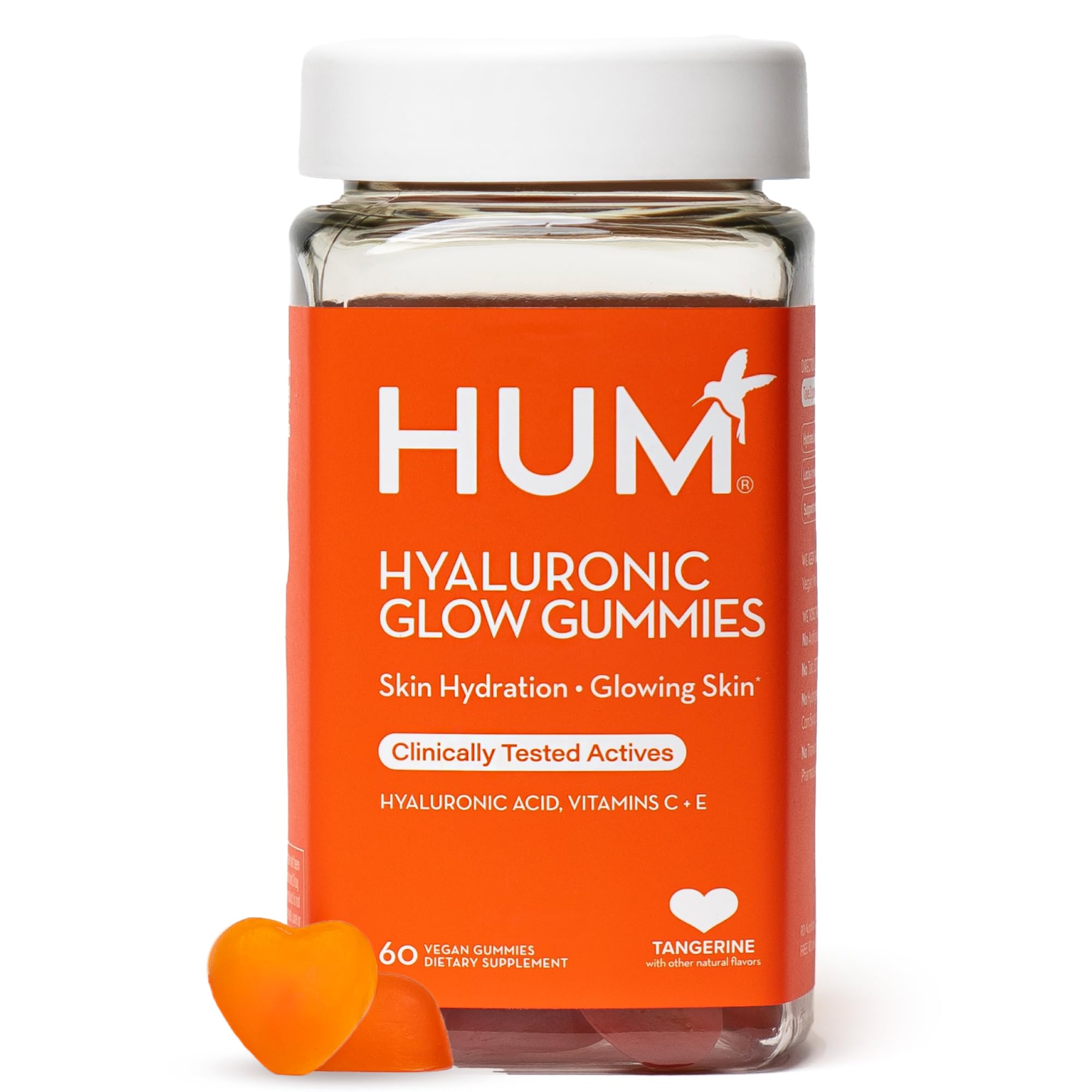 HUM Hyaluronic Glow bottle front with clean label and tangy Tangerine flavor for daily hydration.