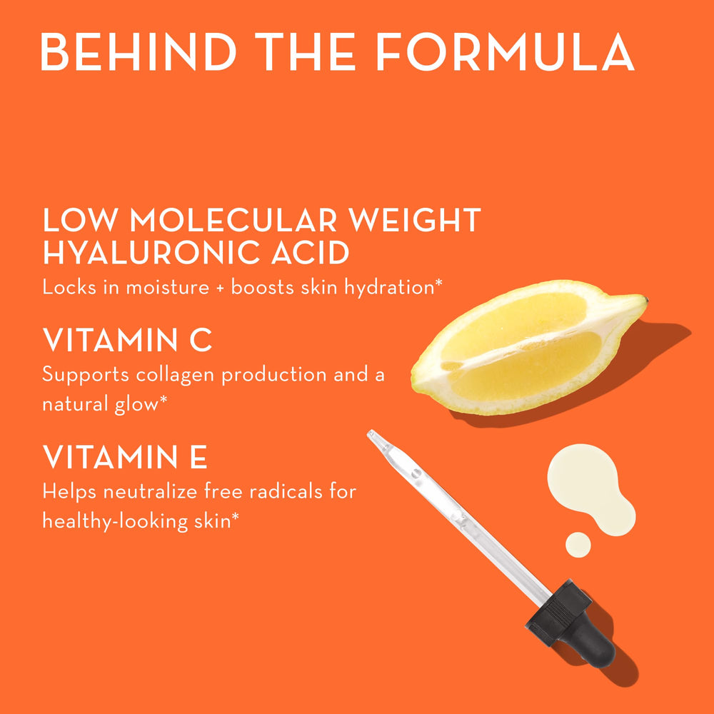 HUM Hyaluronic Glow bottle with certification badge conveys trusted clean-label formulation.