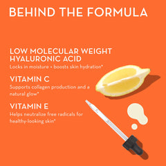 HUM Hyaluronic Glow bottle with certification badge conveys trusted clean-label formulation.