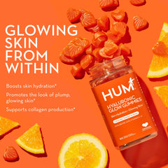 HUM Hyaluronic Glow gummies dispensing scene demonstrates simple daily intake.