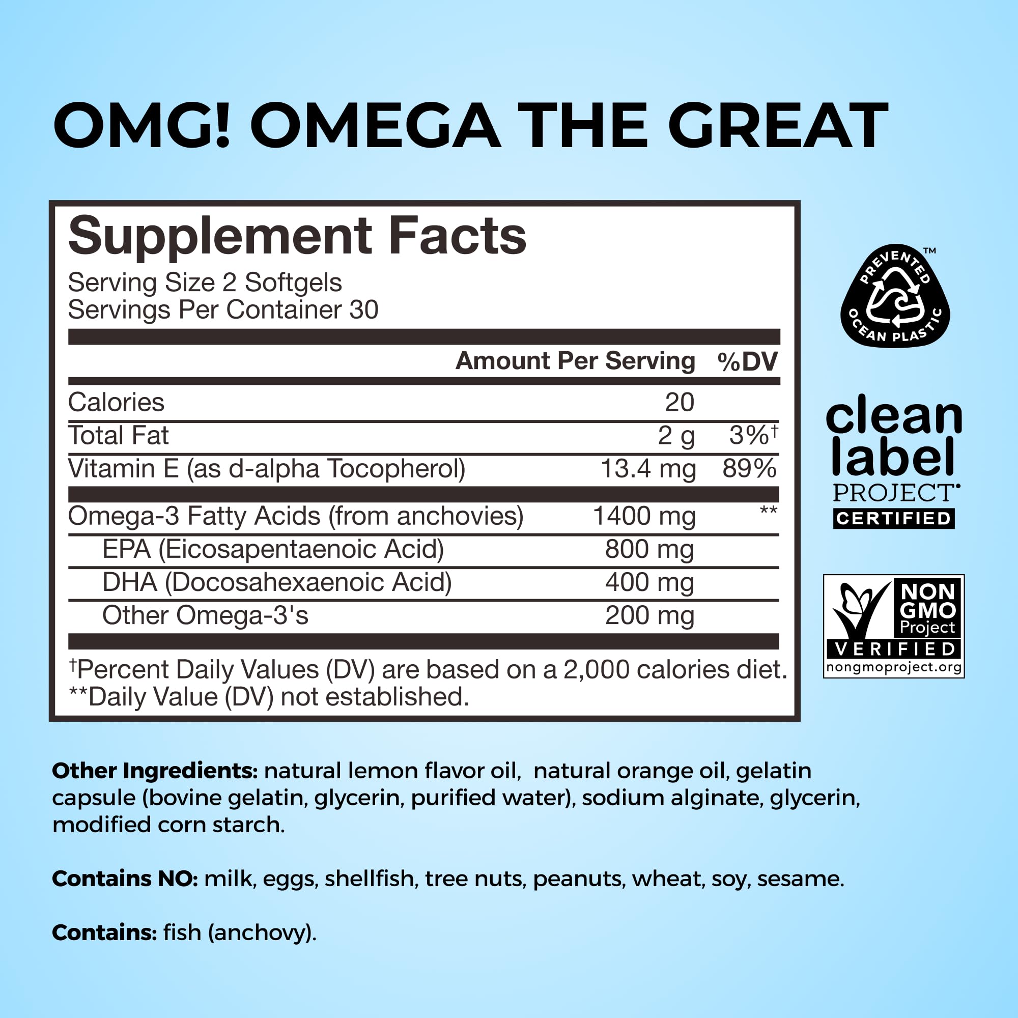 Label detail emphasizes vitamin E in HUM OMG! Omega The Great