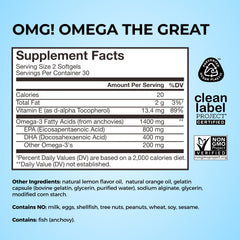 Label detail emphasizes vitamin E in HUM OMG! Omega The Great