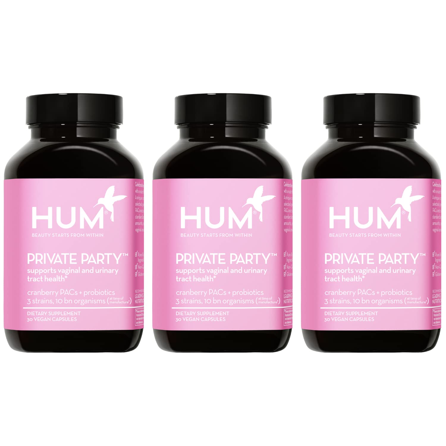 HUM Private Party bottle front showing probiotic blend for vaginal health and pH balance