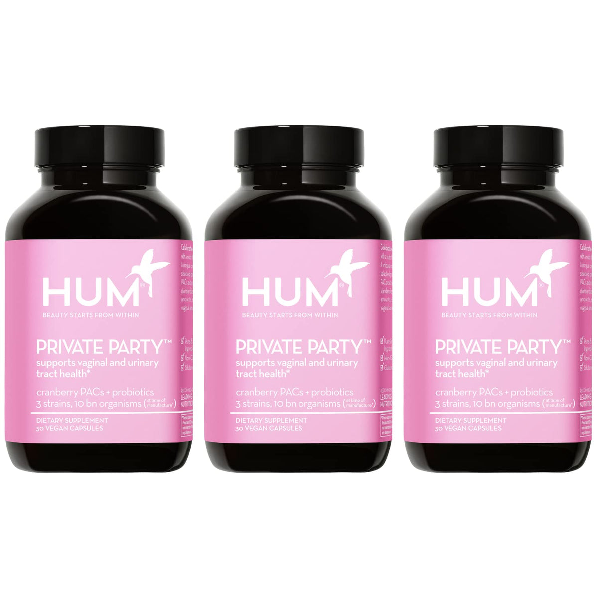 HUM Private Party bottle front showing probiotic blend for vaginal health and pH balance
