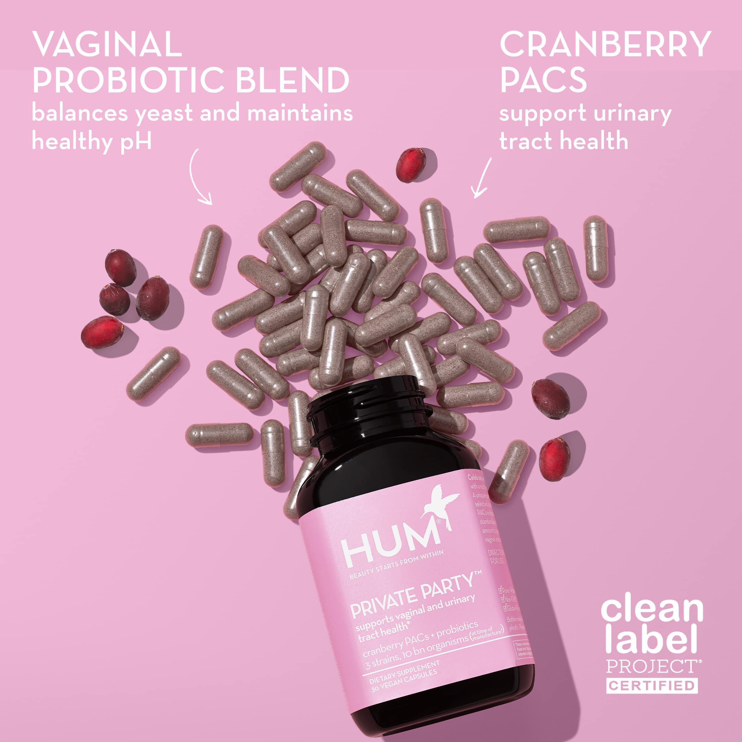 HUM Private Party capsules highlighting Lactobacillus strains for feminine health