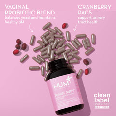 HUM Private Party capsules highlighting Lactobacillus strains for feminine health