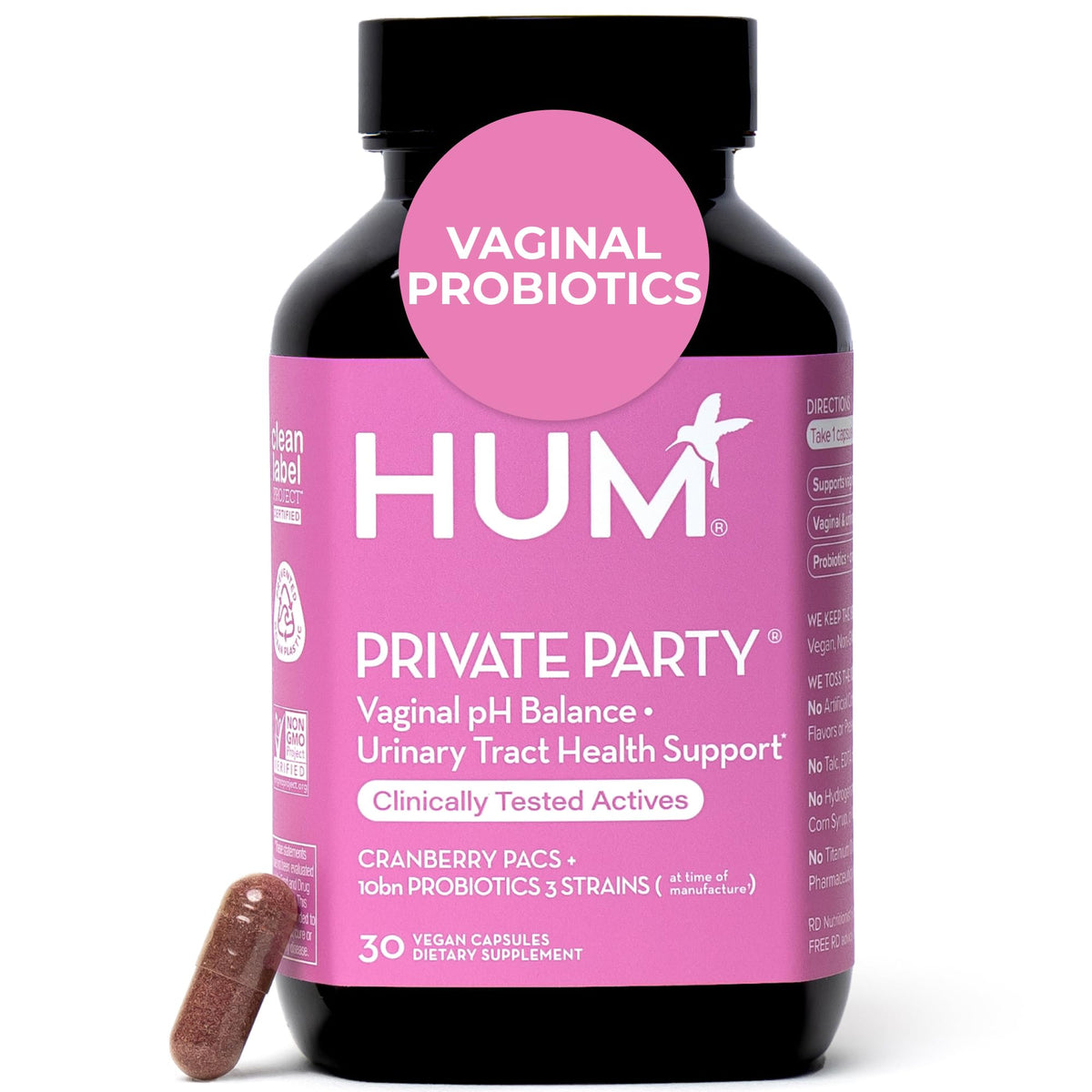 Hum Private Party vaginal probiotics bottle with focus on vaginal pH balance support