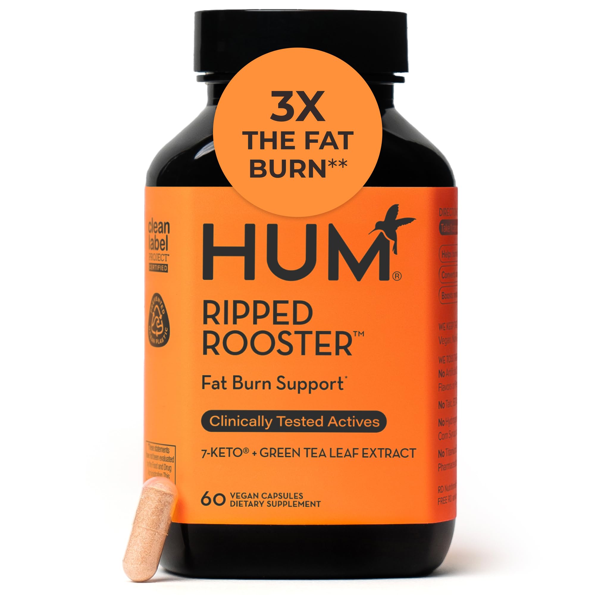HUM Ripped Rooster bottle front highlights green tea capsules for cravings management