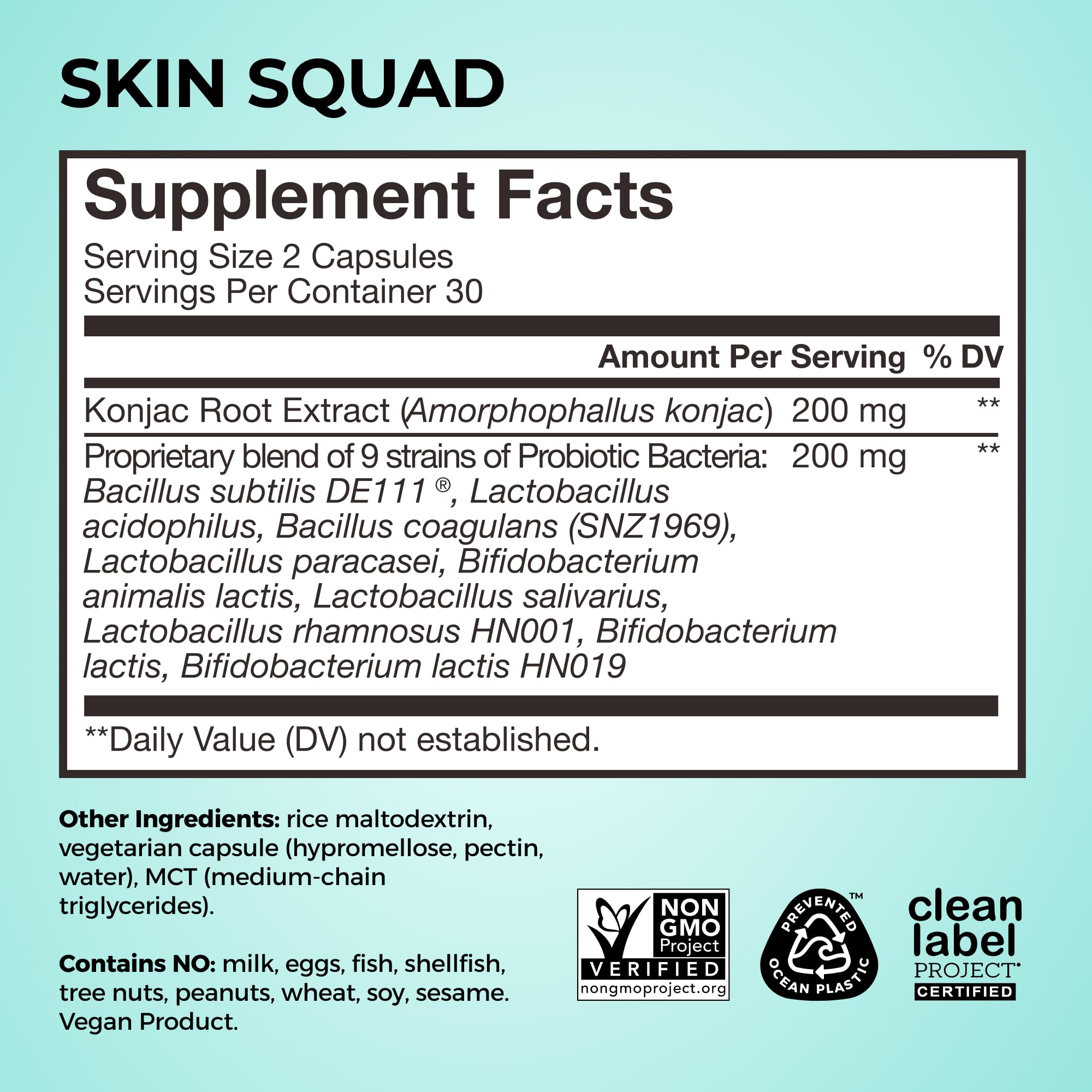 HUM Skin Squad Probiotics bottle beside a glass for daily use