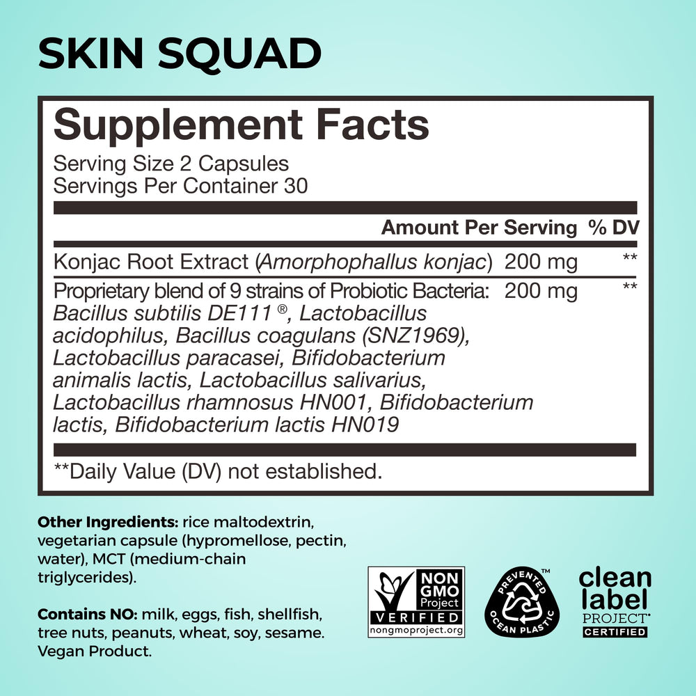 HUM Skin Squad Probiotics bottle beside a glass for daily use