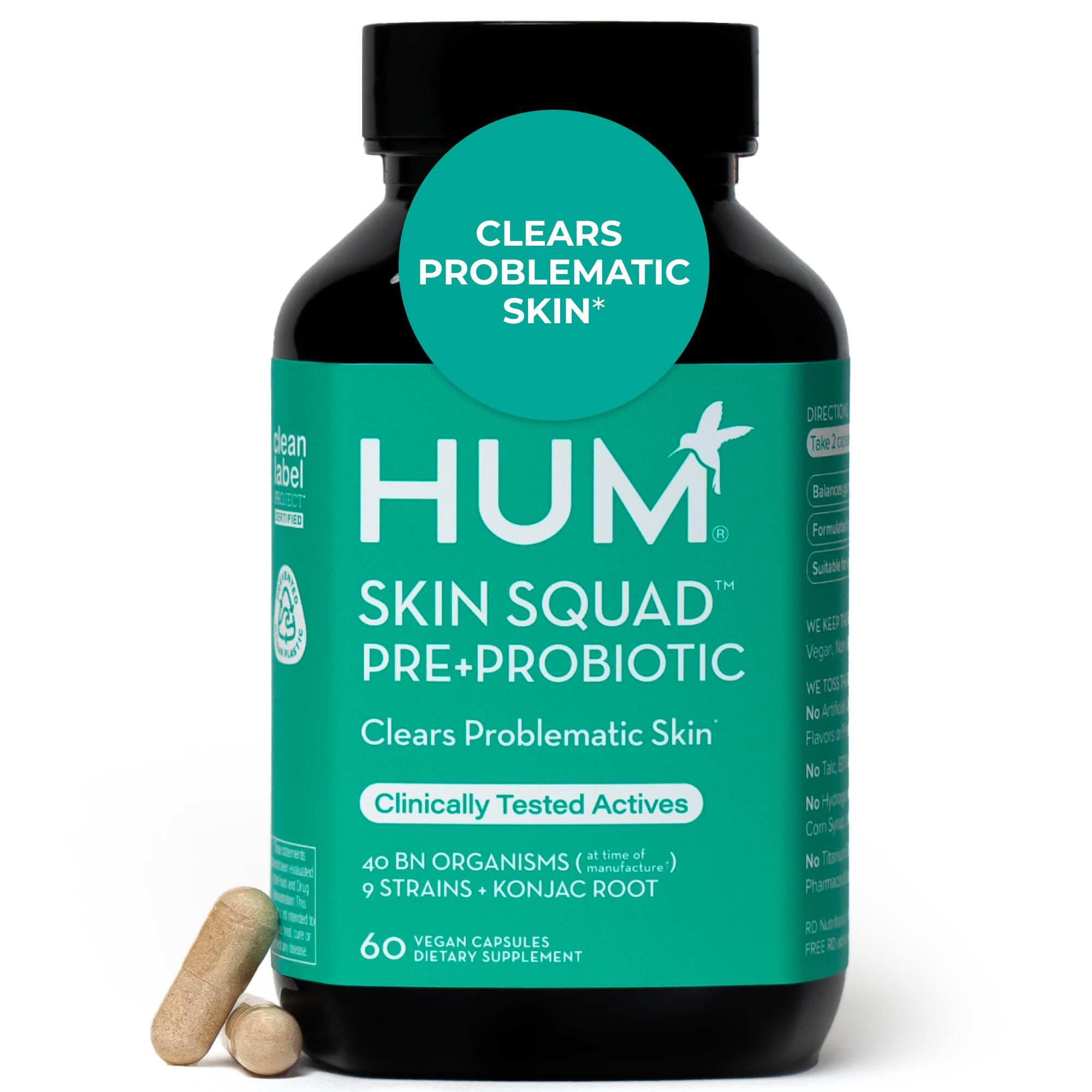 HUM Skin Squad Probiotics bottle showing the product in balanced gut health context