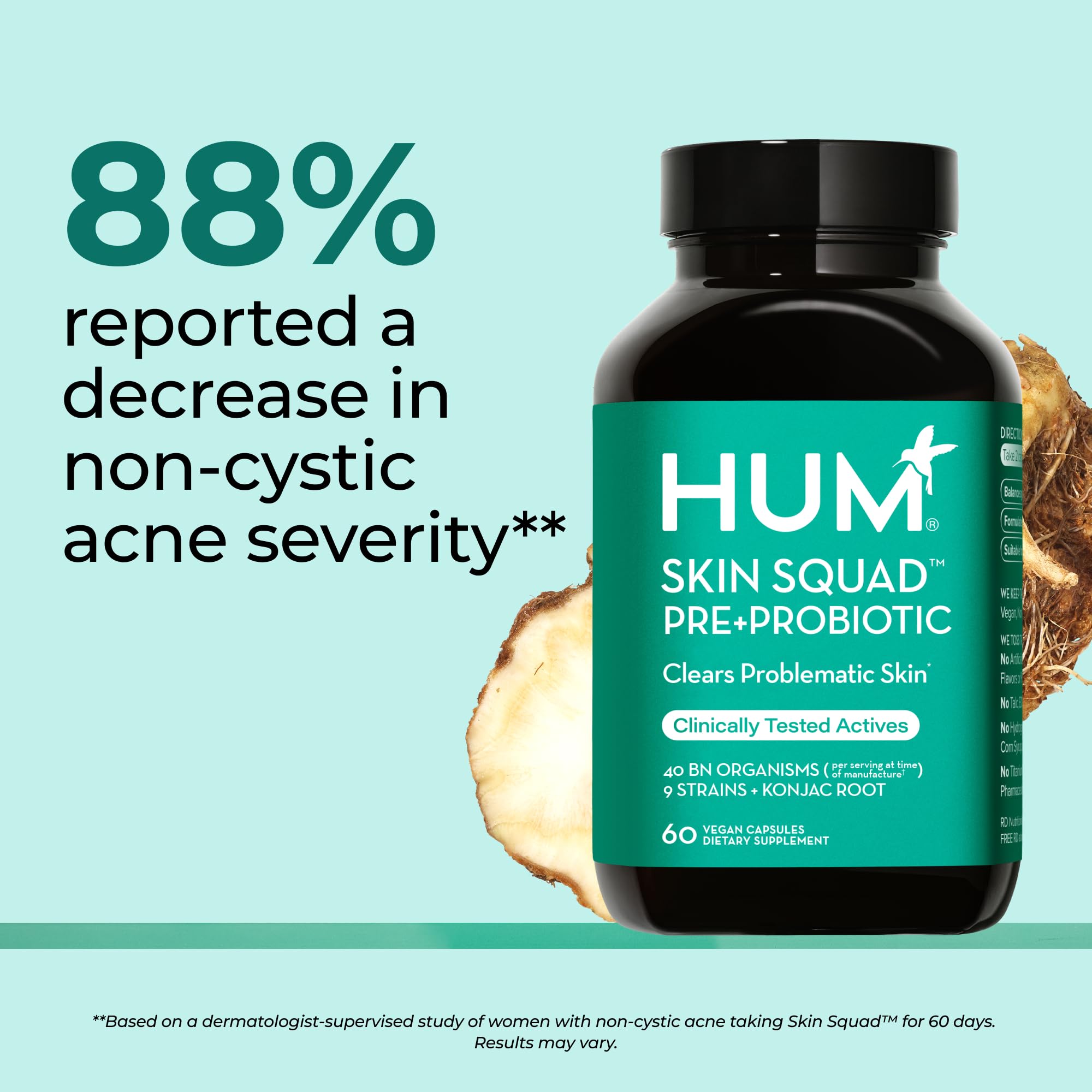 HUM Skin Squad Probiotics label front highlighting clean ingredients
