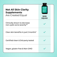 Packaging and glass of HUM Skin Squad Probiotics on a clean surface