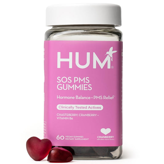 HUM SOS PMS Gummies bottle shown for cycle support on a clean counter.