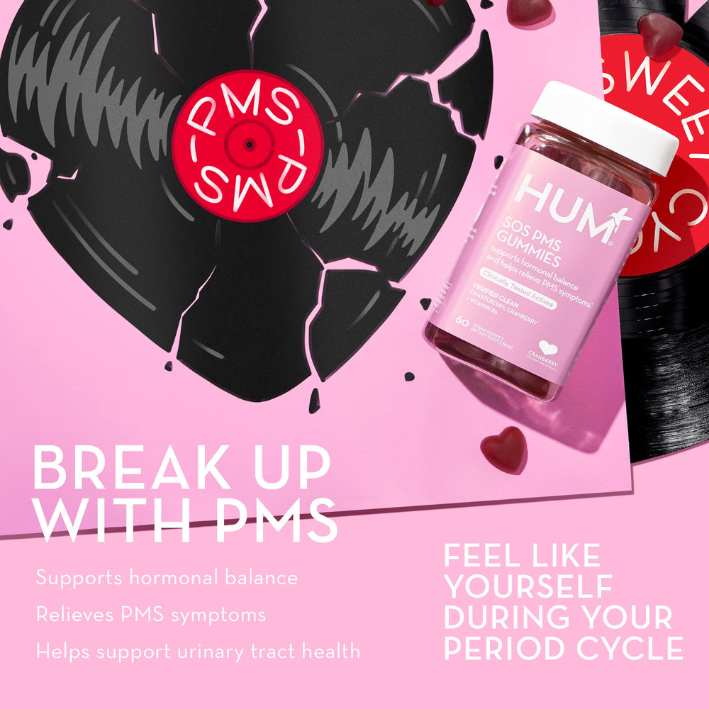 HUM SOS PMS Gummies on a desk suggest daily routine ease.