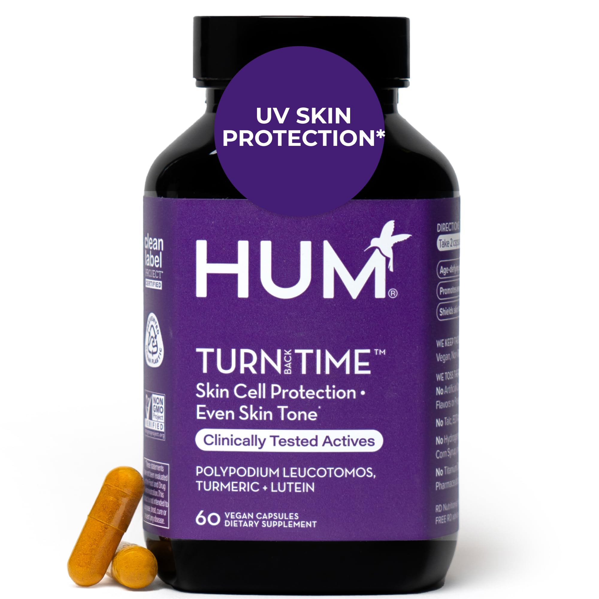 HUM Turn Back Time turmeric supplement bottle shown for convenient daily skin support.