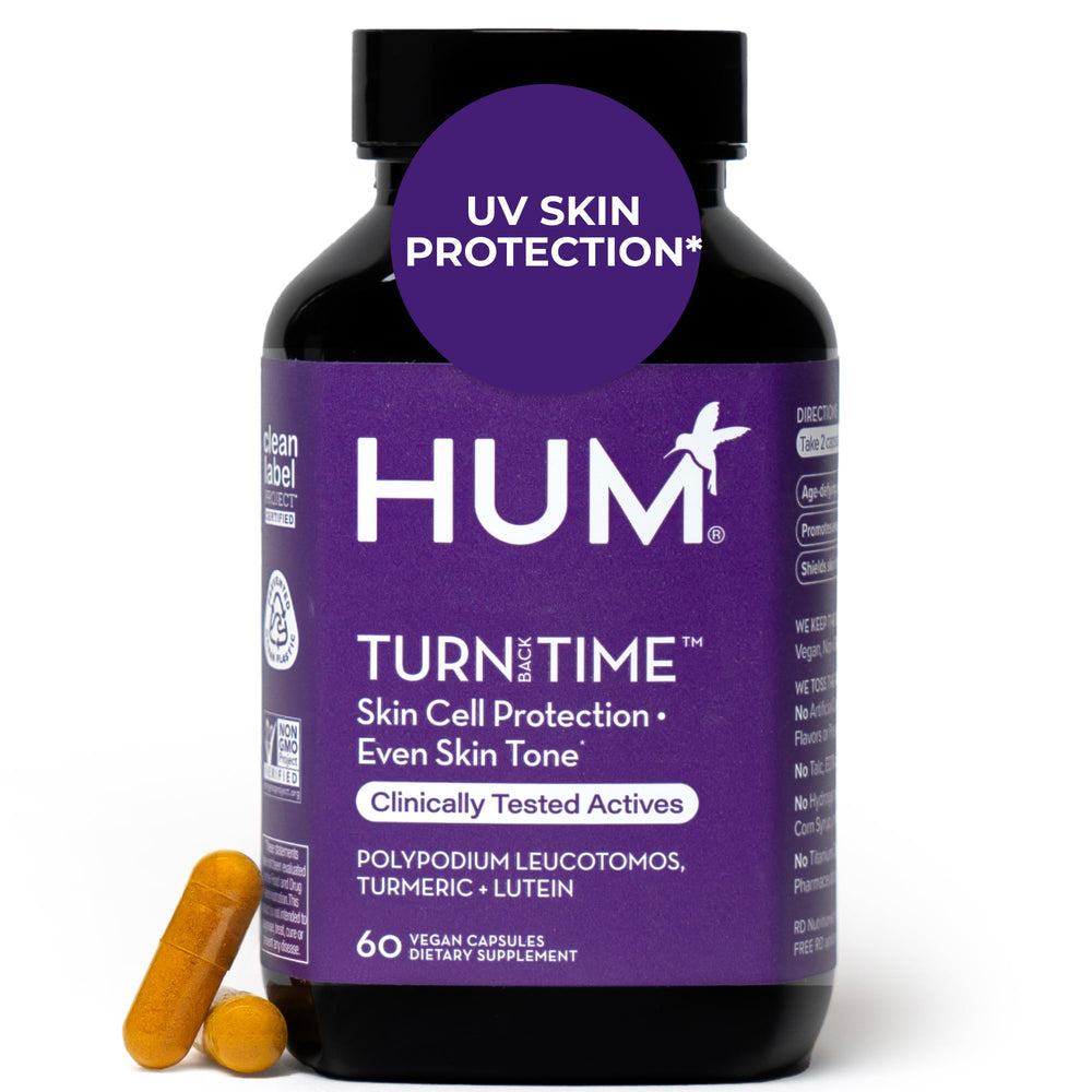 HUM Turn Back Time turmeric supplement bottle shown for convenient daily skin support.