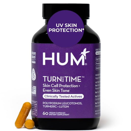 HUM Turn Back Time turmeric supplement bottle shown for convenient daily skin support.