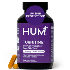 HUM Turn Back Time turmeric supplement bottle shown for convenient daily skin support.