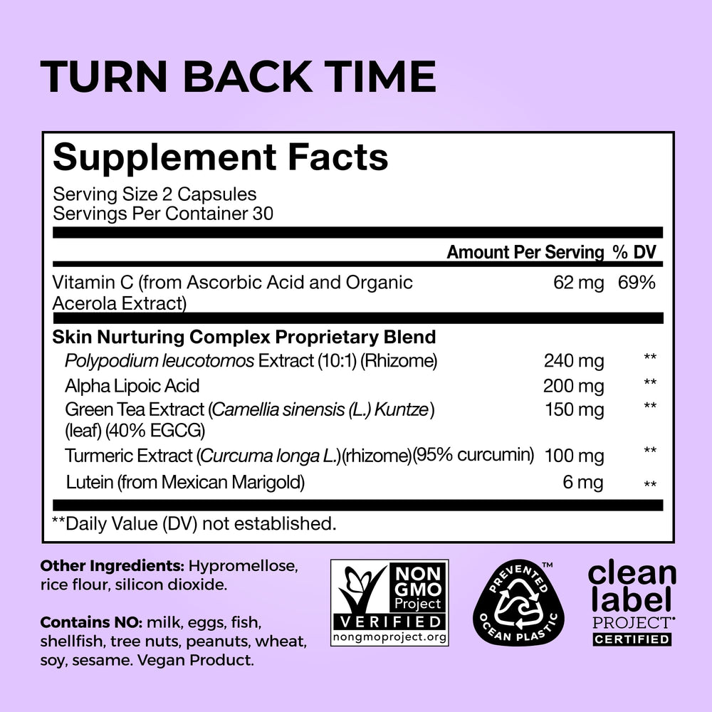 HUM Turn Back Time turmeric supplement close-up shows polyphenols for potential skin benefits.
