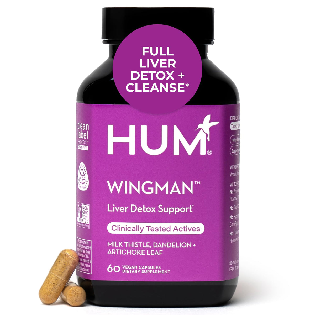 HUM Wing Man bottle label close-up highlighting milk thistle liver support.