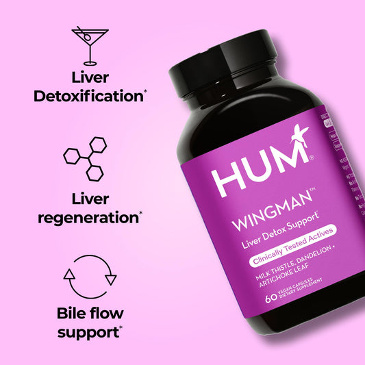 HUM Wing Man capsules close-up for vegan daily liver support.