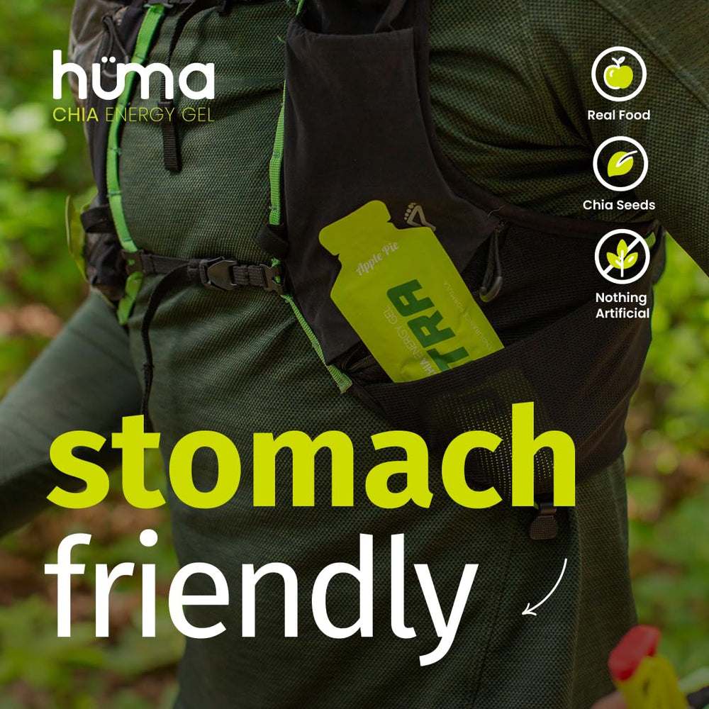 HÜMA CHIA ENERGY GEL Apple Pie on running belt ready for long efforts.