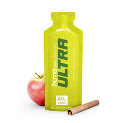 HÜMA CHIA ENERGY GEL Apple Pie wrapper closeup for real fruit fueling during runs.