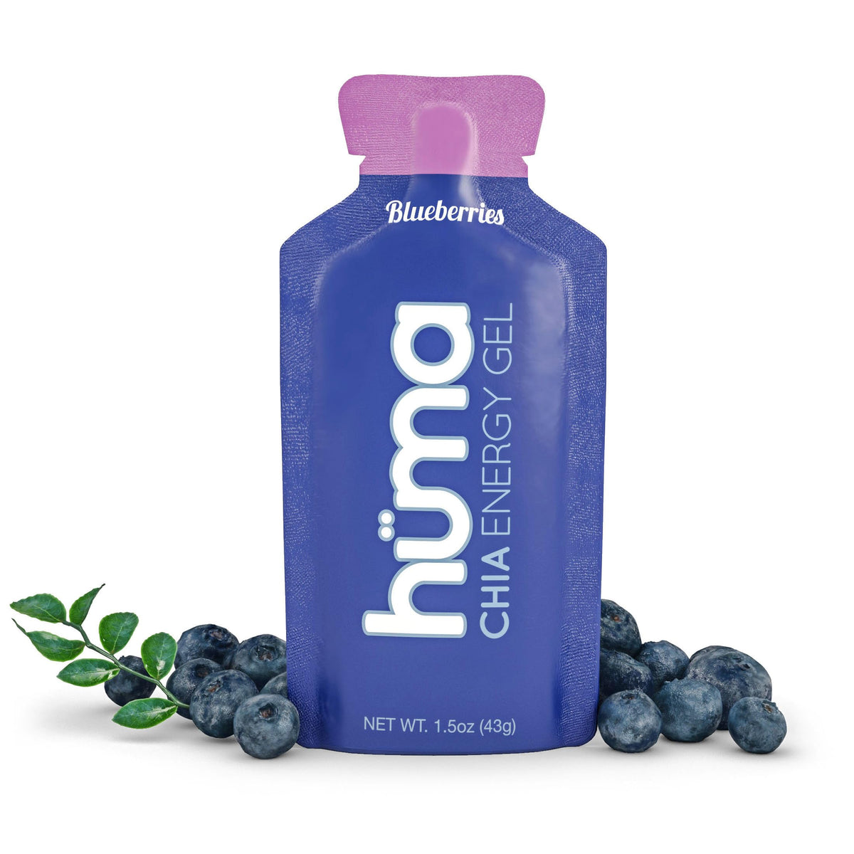 HÜMA Chia Energy Gel Blueberries 12 Gels front view showing natural ingredients for endurance.