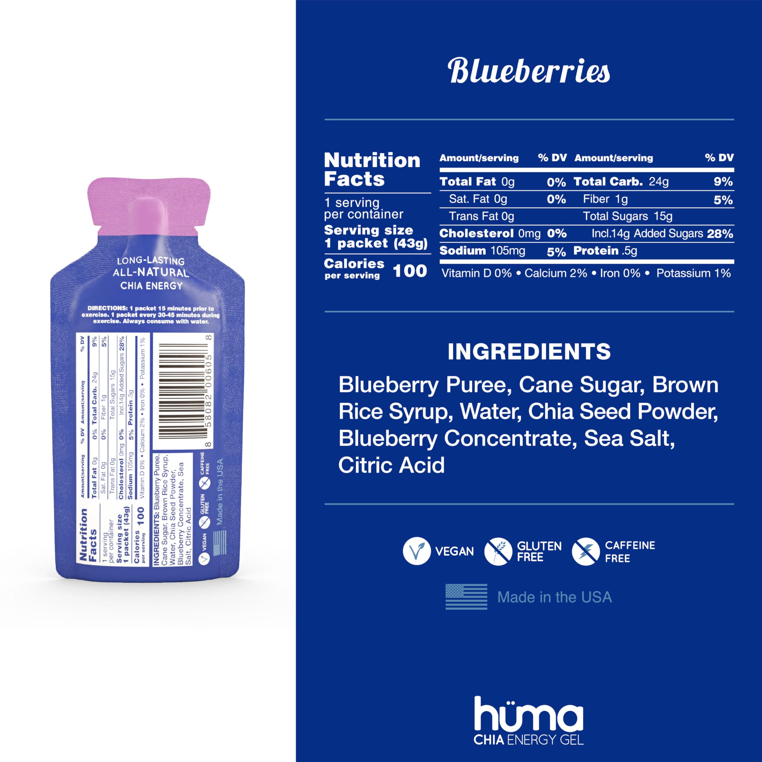 HÜMA Chia Energy Gel Blueberries pack shot highlighting convenient on-the-go fueling.