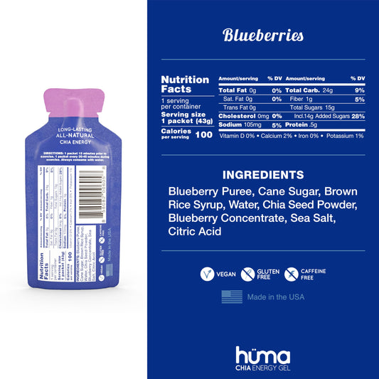 HÜMA Chia Energy Gel Blueberries pack shot highlighting convenient on-the-go fueling.