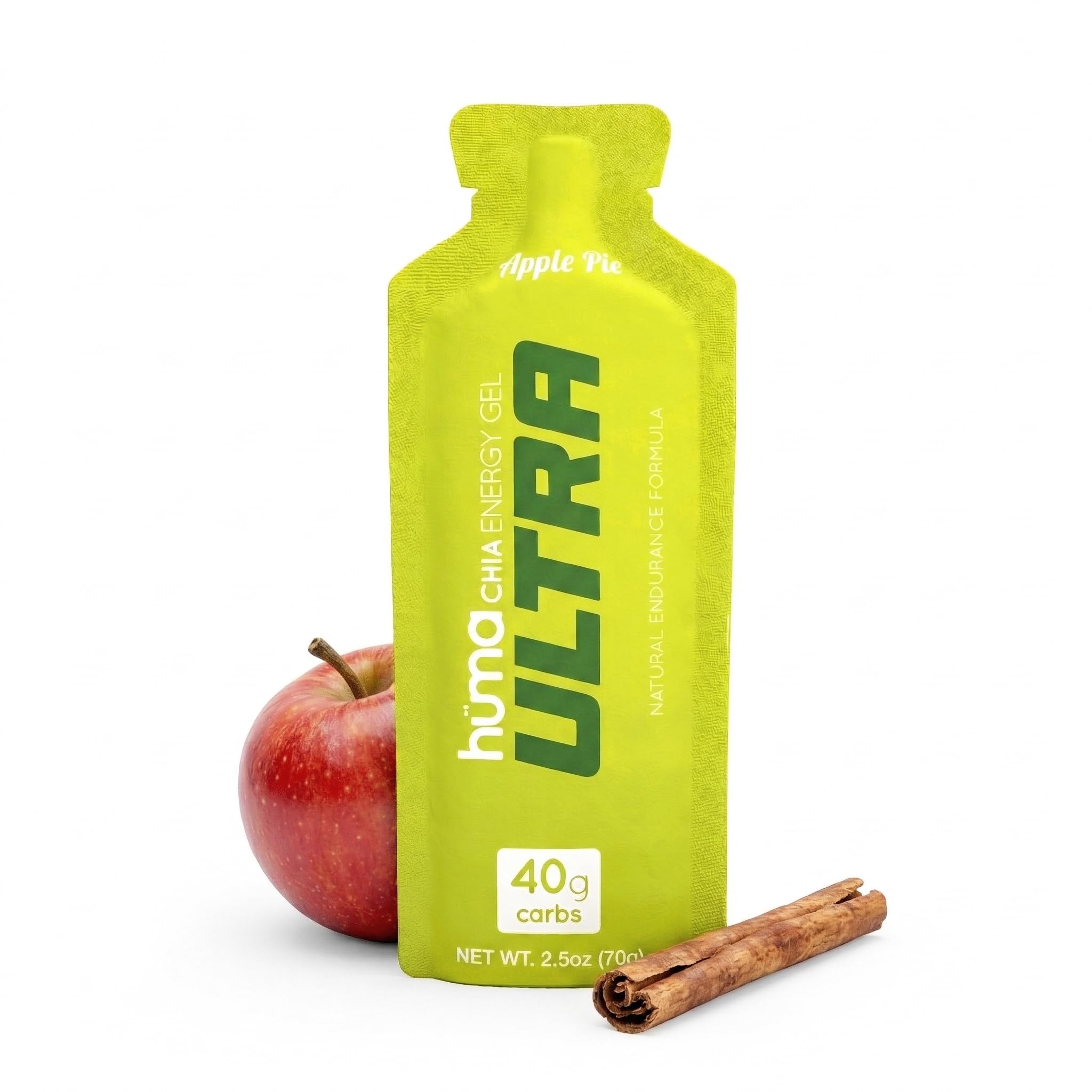 HÜMA CHIA ENERGY GEL: empaque frontal, sabor pastel de manzana para maratones