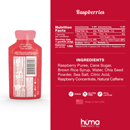 HÜMA Chia Energy Gel Raspberry 24-pack for convenient on-the-go fueling
