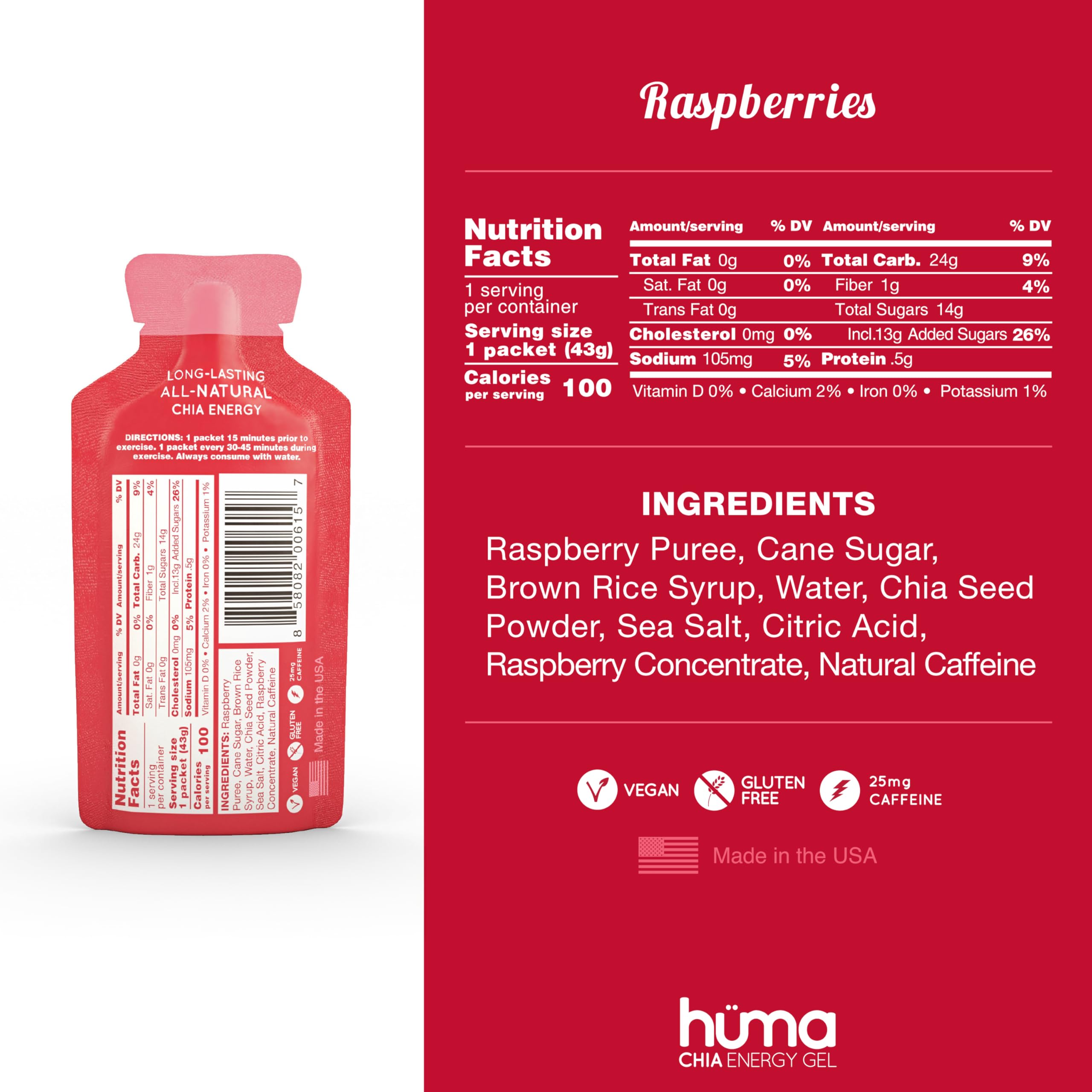 Hüma Chia Energy Gel raspberries closeup highlighting natural fruit flavor
