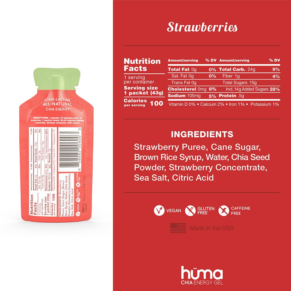HÜMA Chia Energy Gel strawberry ingredient panel displays clean nutrition