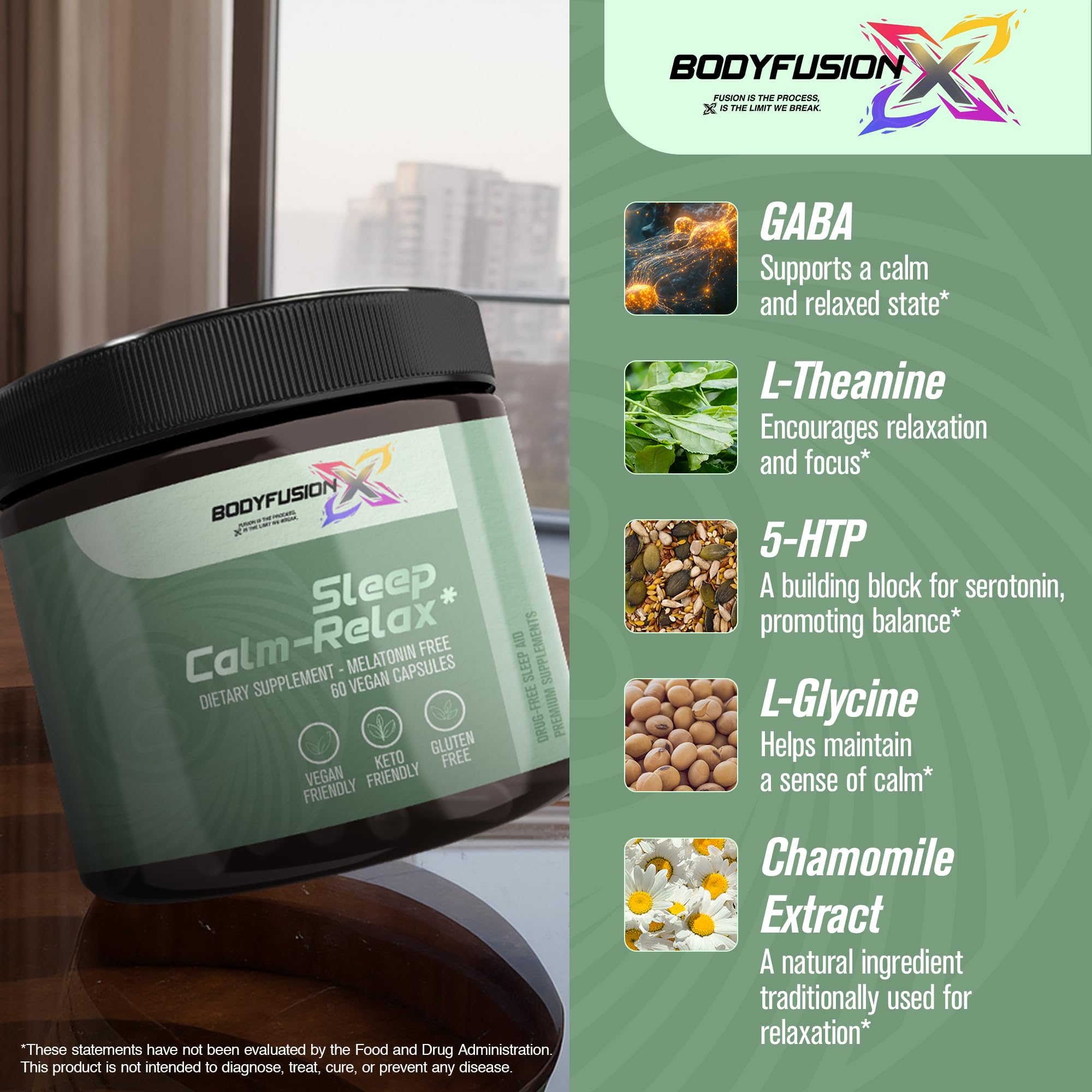 Close up of BodyFusionX capsules, melatonin-free evening option